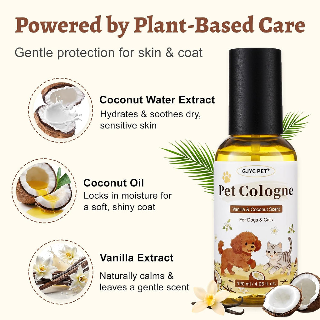 Dog Perfume & Cologne Spray – Long-Lasting Vanilla Coconut Scent, Alcohol-Free Deodorizing Spray, Gentle Grooming Mist, Fur Condition & Coat Fresh, Non-sticky, Dogs & Cats, 4.06 fl.oz