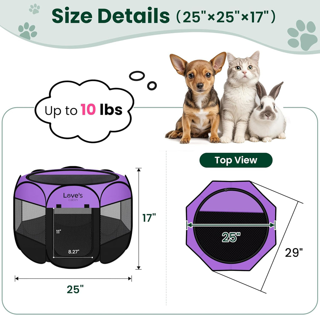 Love's cabin Pet Puppy Dog Playpen, Small Dog Tent Crates Cage Indoor/Outdoor, Portable Playpen for Cat, Foldable Pop Up Dog Kennel Playpen with Carring Case, Removable Zipper Top, Purple