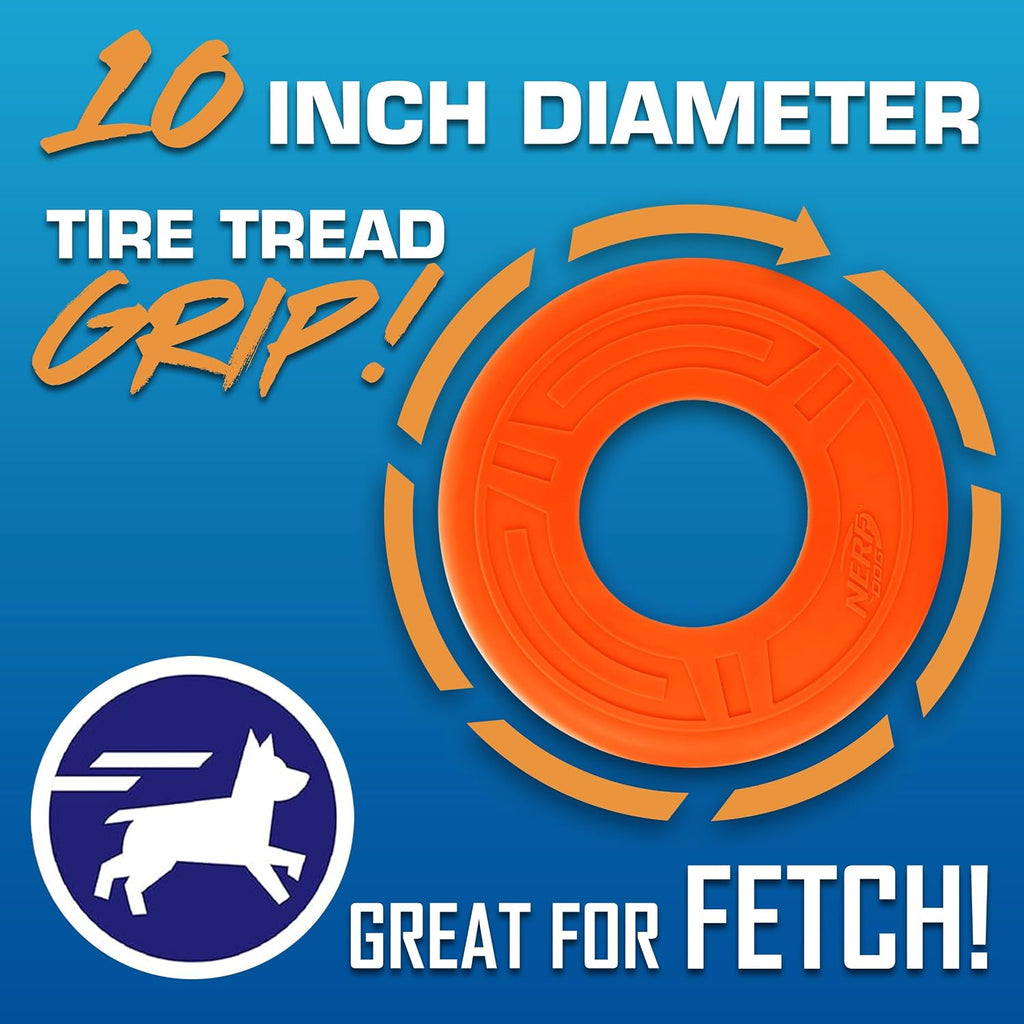 Nerf Dog Atomic Flyer Outdoor Dog Toy, 10 Inch Flying Disc Dog Fetch Toy, Rubber Dog Toy for Medium Dogs and Large Dogs, Orange
