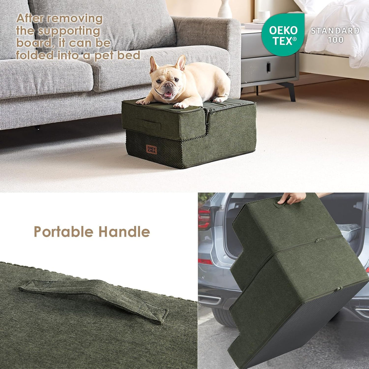 EHEYCIGA Dog Stairs for Small Dogs 13.5" H, 3-Step Dog Steps for Cats, Military Green