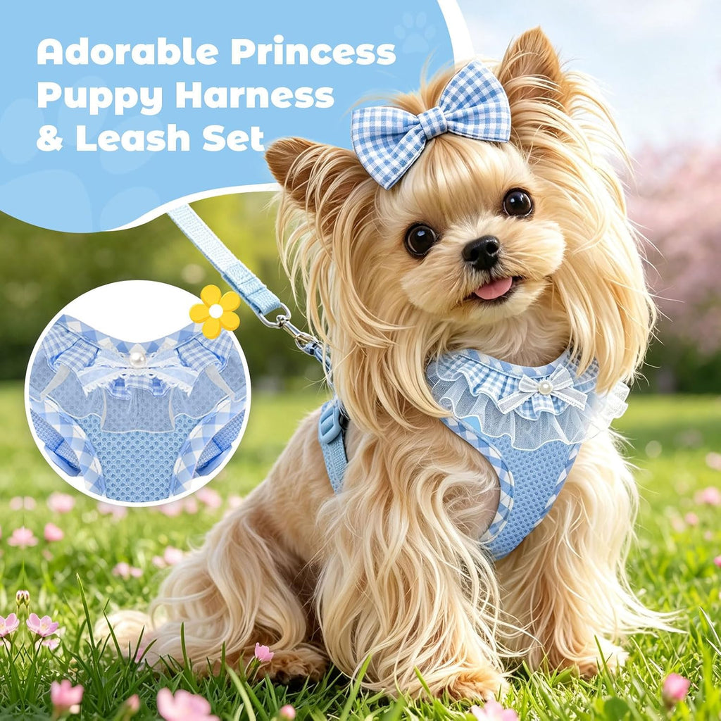 ABRRLO Cute Puppy Harness and Leash Set for Small Dogs Cats Boys,Blue,S