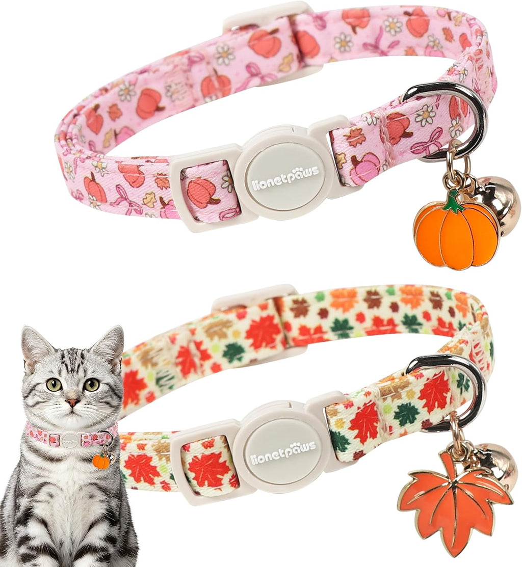 LIONET PAWS 2 Pack Breakaway Cat Collars, Cute Soft Cotton Fall Pink Floral Pumpkin & Maple Leaves Kitten Collars with Bell & Charm for Boy Girl Cats