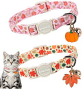 LIONET PAWS 2 Pack Breakaway Cat Collars, Cute Soft Cotton Fall Pink Floral Pumpkin & Maple Leaves Kitten Collars with Bell & Charm for Boy Girl Cats