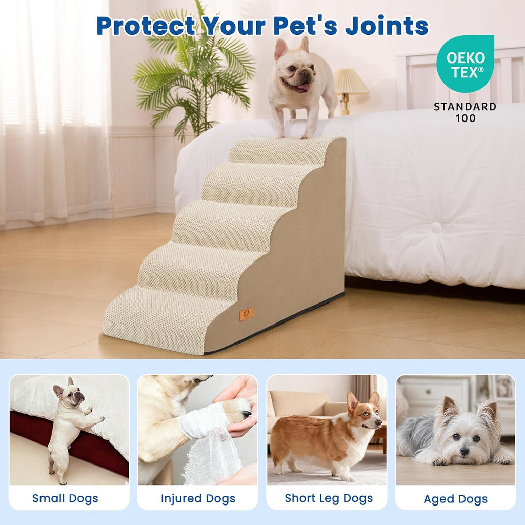 5 Step Dog Stairs for High Bed,Non-Slip Pet Ramp for Small Dogs and Cats