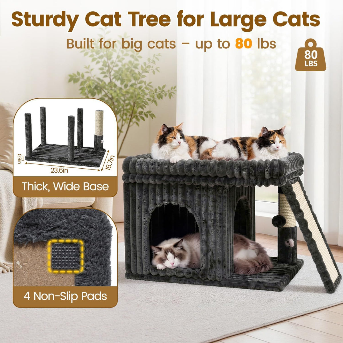 Cat Tree Tower with Scratching Post for Large Kitty, Gray Ribbed