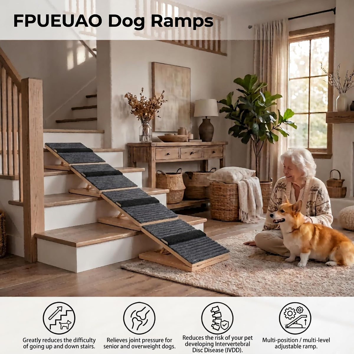 4 Pack Wooden Adjustable Dog Stairs Ramps, 3-Level Adjustable Triangular Pet Ramp, Indoor & Outdoor Portable Dog Steps with Anti-Slip Mat, Suitable for Dogs, Cats, Elderly and Injured Pets (4)