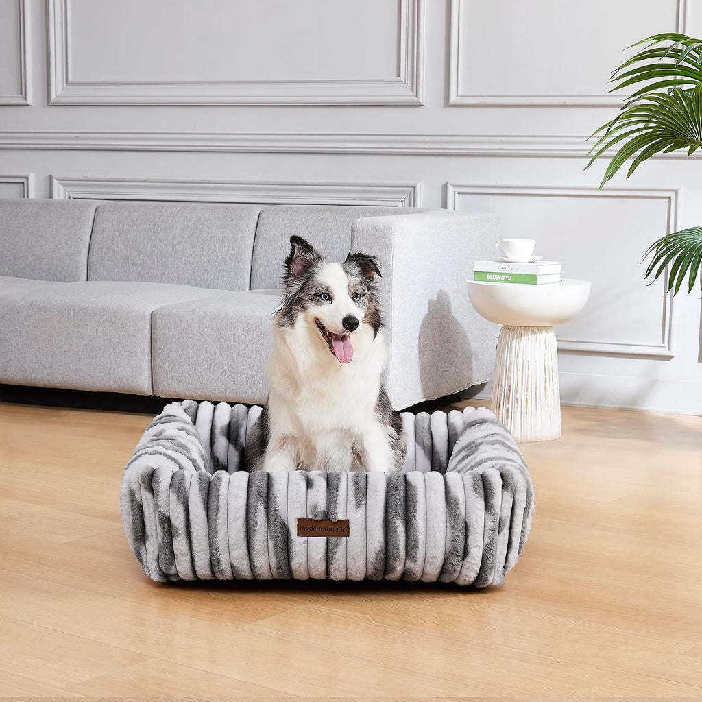 Modern Threads Ribbed Plush Two-Tone Cuddler Dog Bed, Ultra-Soft Faux Rabbit Fur, Supportive Bolstered Sides, Removable Washable Cover, Bed for Medium Dogs, Silver, (28" L x 21" W x 9" Th)