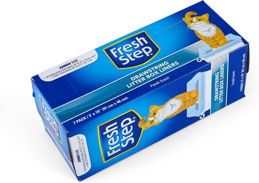 Fresh Step Drawstring Cat Litter Box Liners, Scented, 3 ft x 19 in, 7 Count | Heavy-duty bags for X-large oval or rectangle pans, drawstring closure for easy, mess-free lift-out cleanup