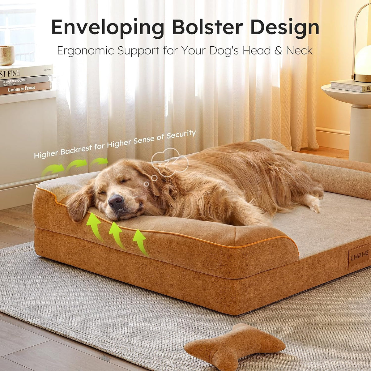 CWAWZ XXL Dog Bed - Giant Orthopedic, Cooling Gel Memory Foam, Waterproof with Removable Cover, 53" Sofa Bed, Dutch Velvet with Bone Toy, Brown