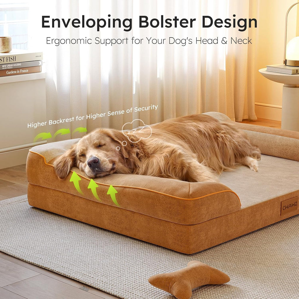 CWAWZ Jumbo Dog Bed for Extra Large Dogs, Orthopedic Dog Bed with Cooling Gel Memory Foam, Waterproof Pet Bed with Removable Washable Cover, 45" Pet Sofa Couch Dutch Velvet with Bone Toy, Brown