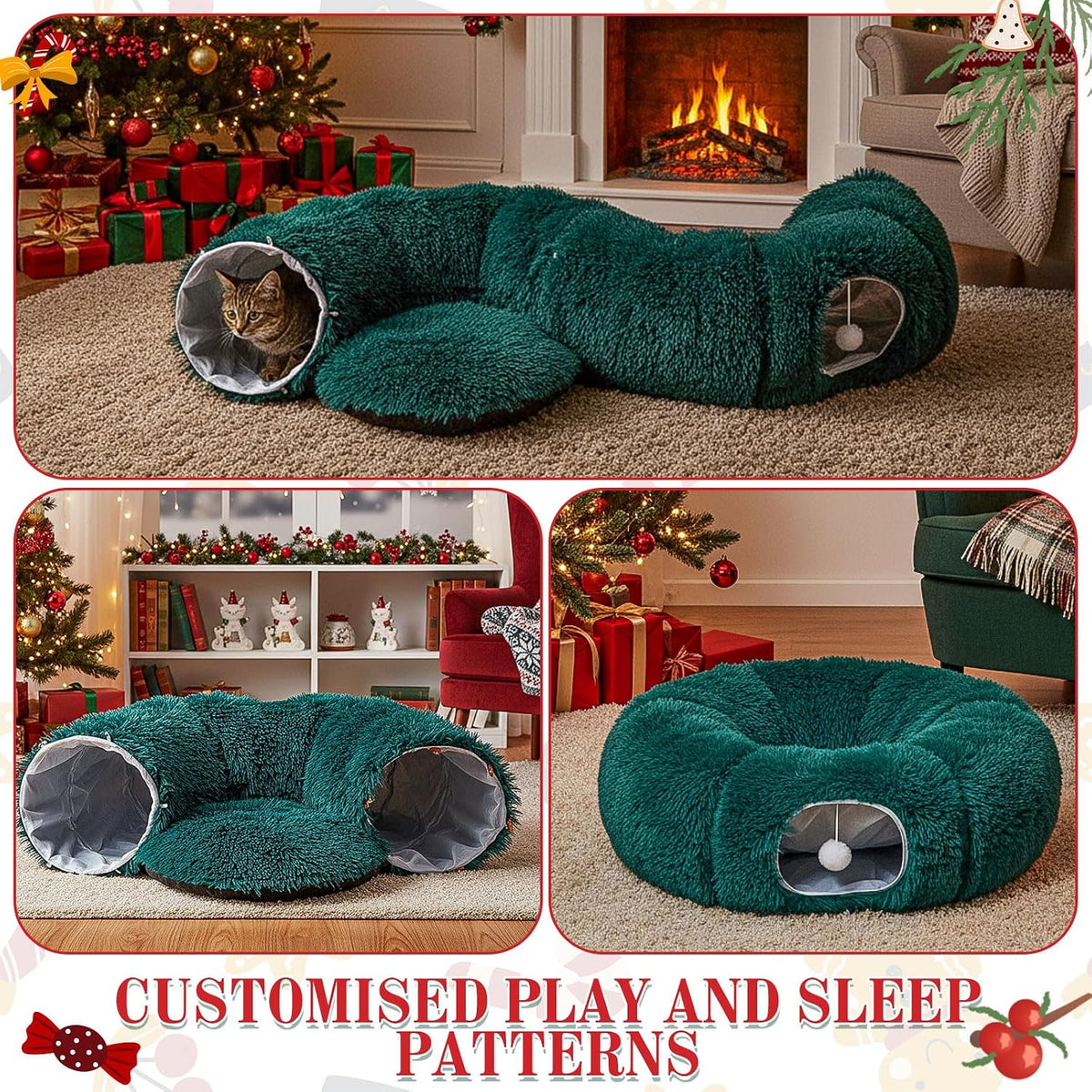 Christmas Tree Cat Tunnel 36 in Donut Bed, Green, Plush, Fluffy