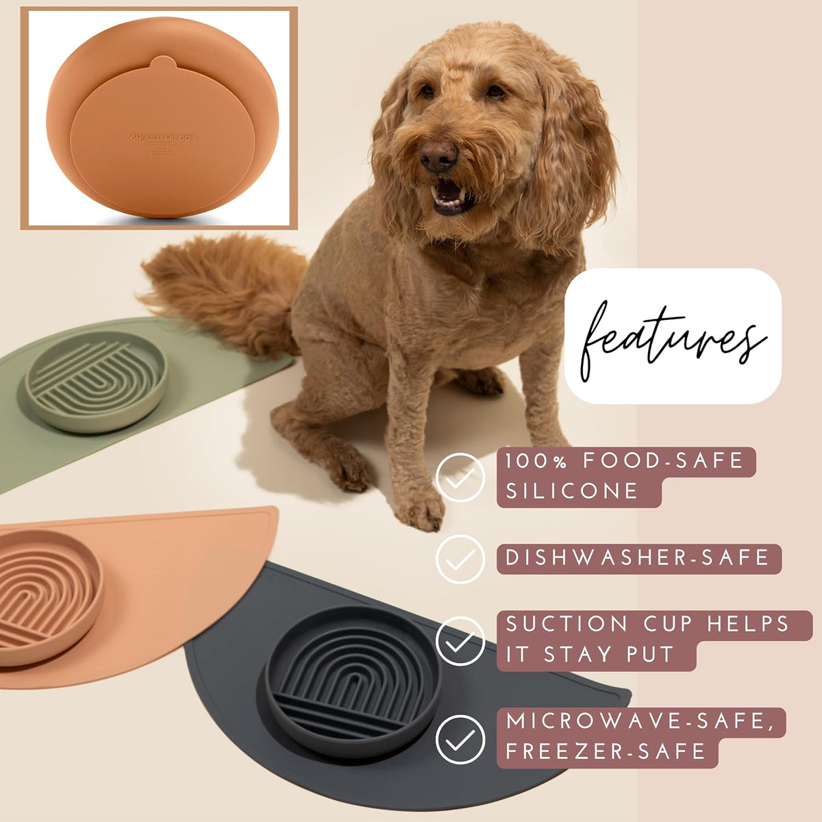 Slow Feeder Dog Bowl - Silicone Dog Bowl, Medium, 7.5" x 1.5" - Tan