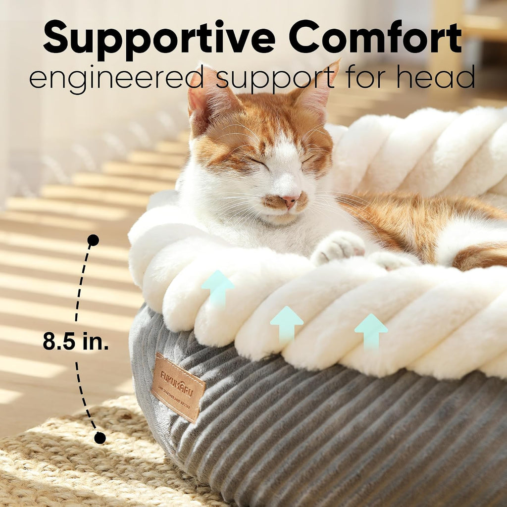 FUKUMARU Cute Round Cat Bed, Calming Donut Small Dog Beds, Washable