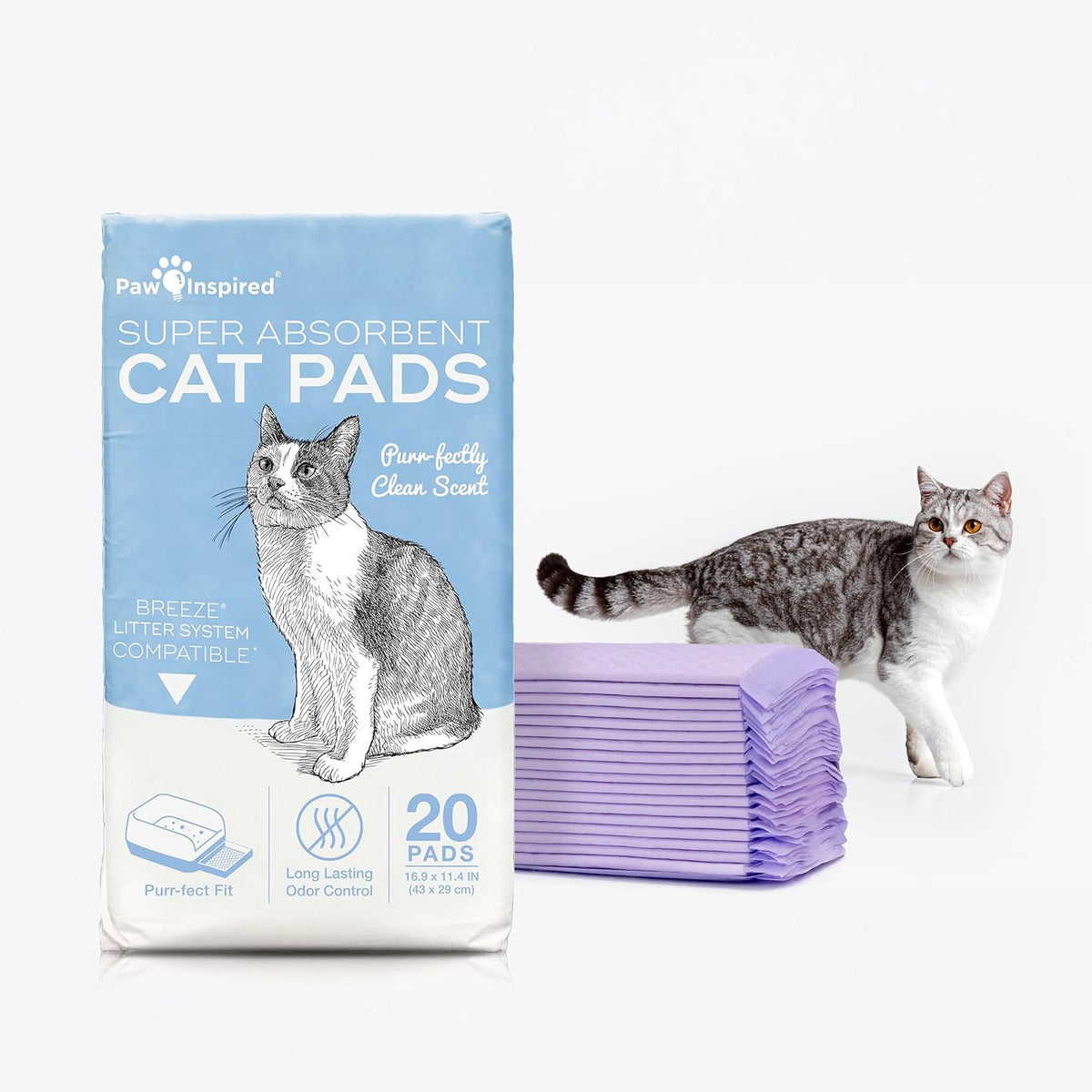 Paw Inspired Disposable Cat Pads, Scented, 16.9 x 11.4 Inch, 20 Count | Generic Refills for Tidy Cats Breeze Litter Box System, Super Absorbent Pee Pads, Kitty Litter Liners for Easy Cleaning
