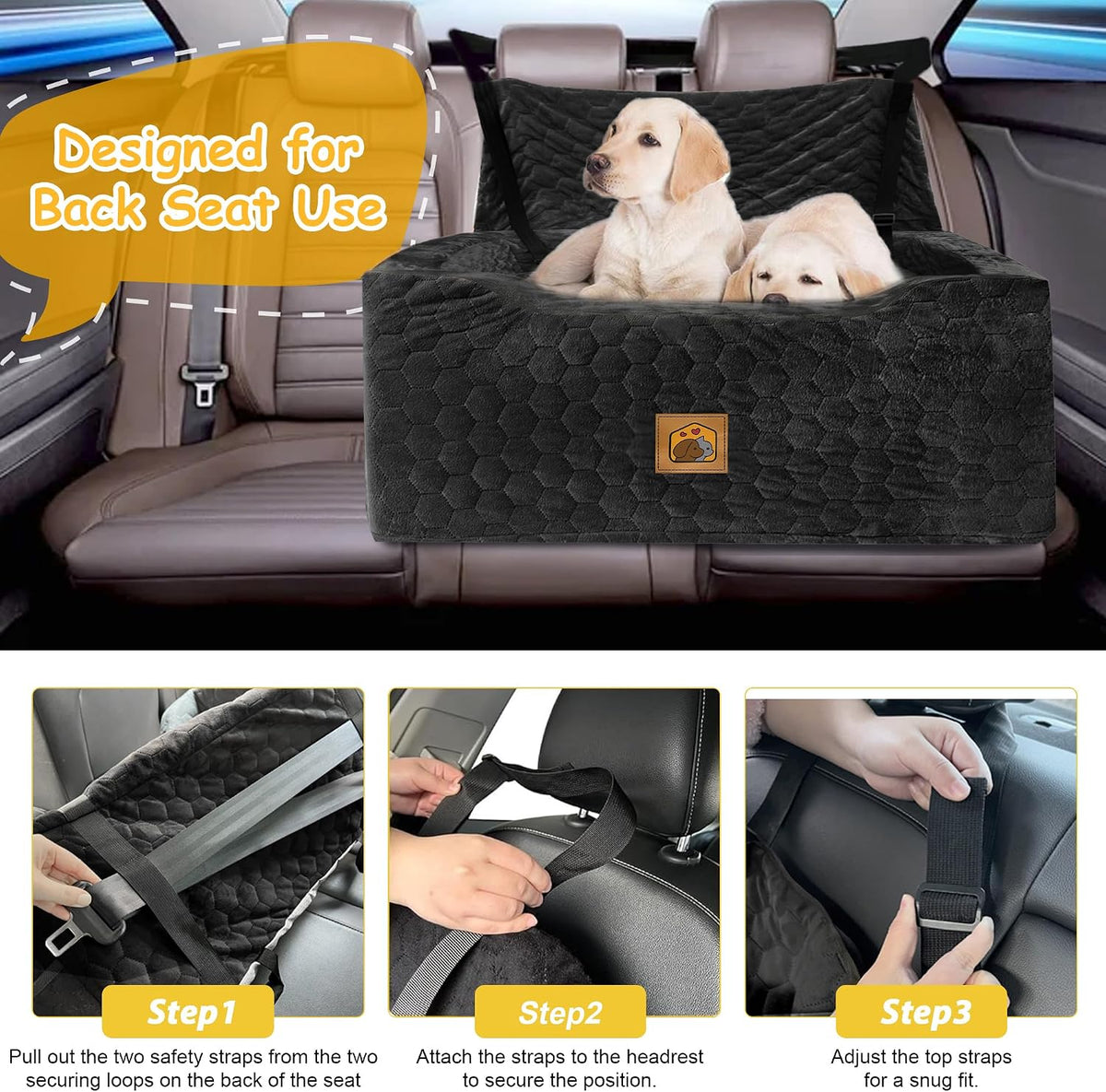 Dog Car Seat for Medium/Large Dogs, Washable Dog Booster Seat Under 60 lbs or 2 Small Dogs, Multi-Functional Pet Car Seat with Thick Cushion, 2 Safety Leashes (Black)