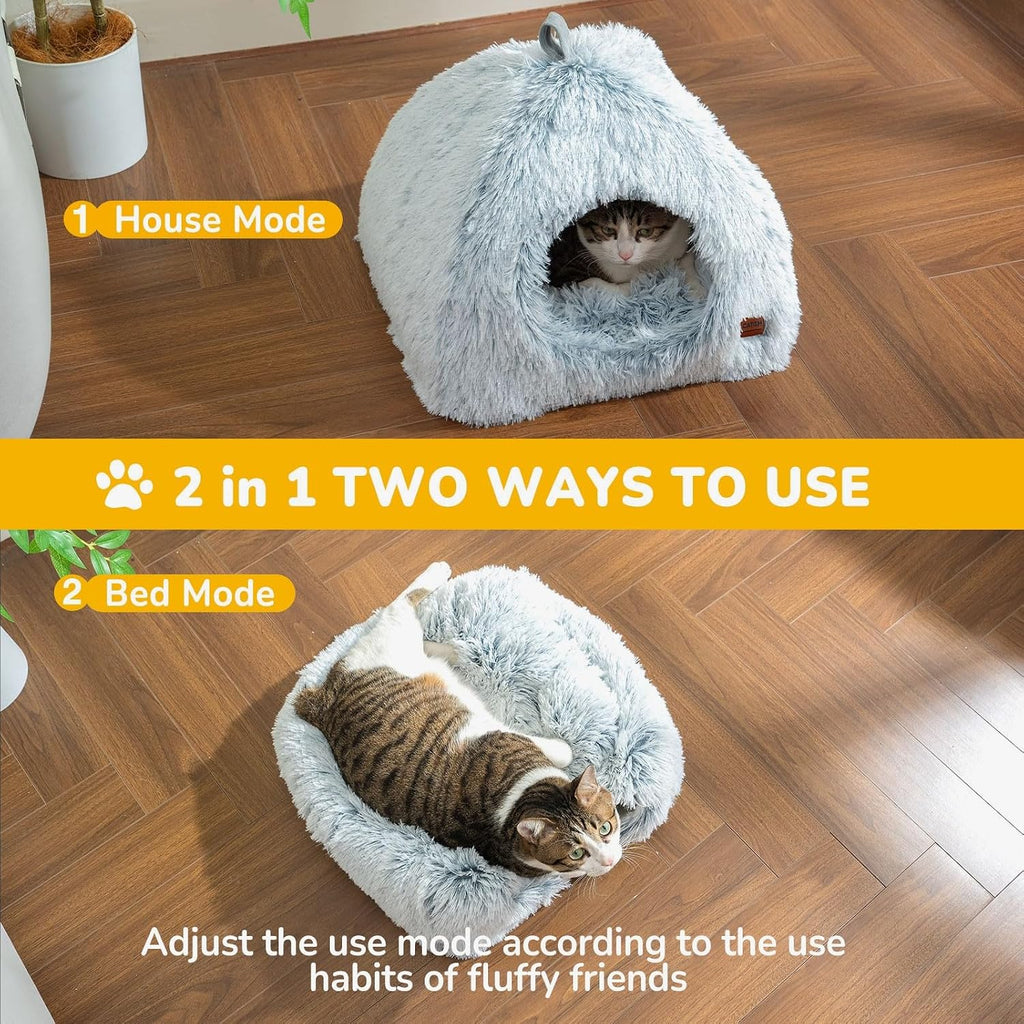 CATISM Cat Bed, Cat Cave for Indoor Cats, Soft Cat Dome, Self-Warming 2 in 1 Foldable Pet Cat House with Washable Cushioned Pillow Calming Fluffy Dog Beds for Small Dogs with Anti-Slip Bottom Gray