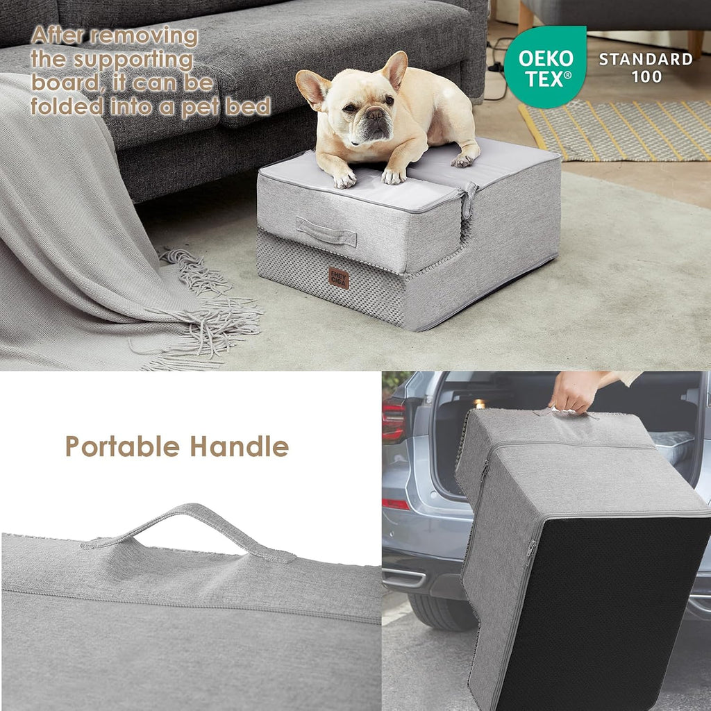 EHEYCIGA Dog Stairs for Small Dogs 13.5" H, 3-Step Dog Steps for Cats, Light Grey