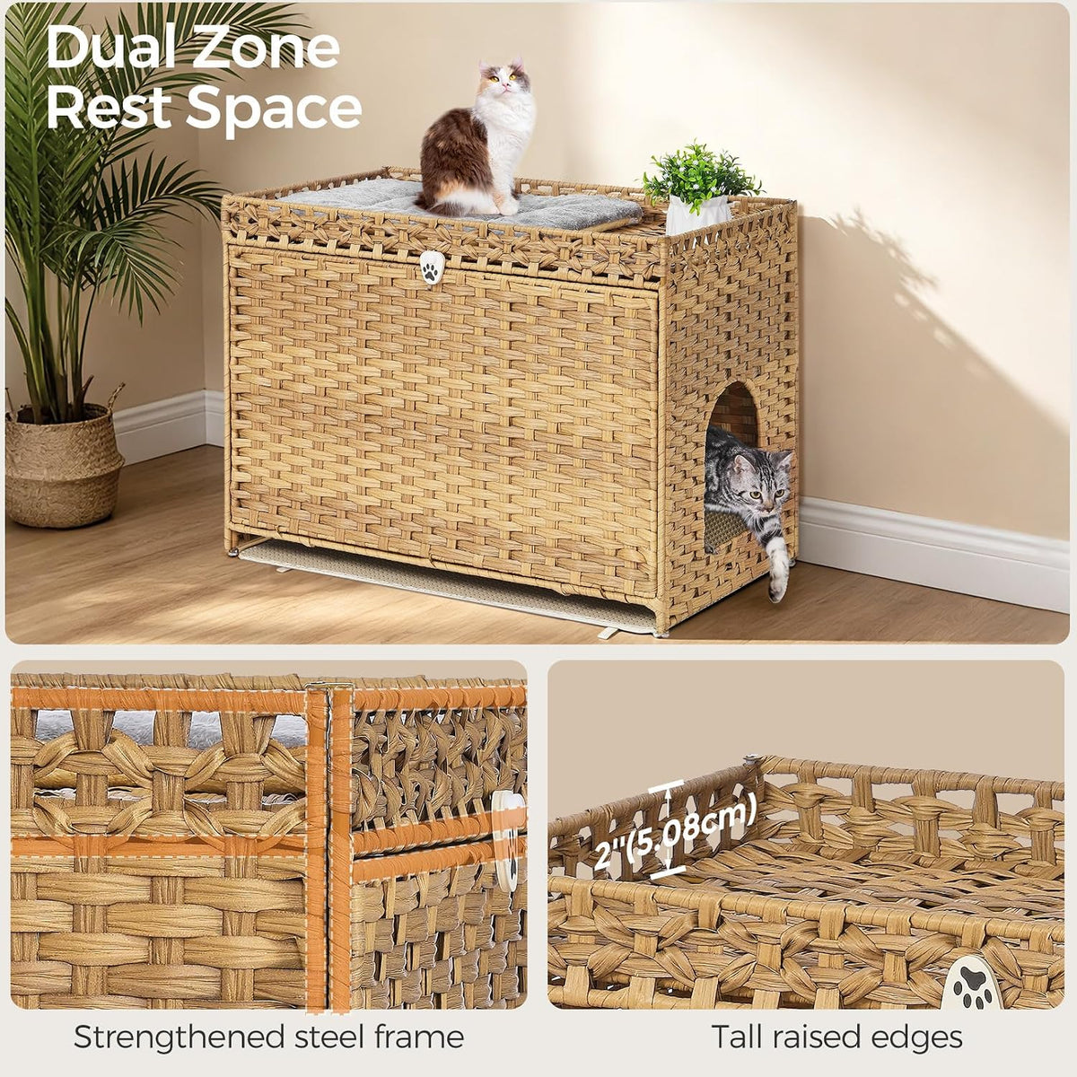 Cat Litter Box Enclosure with Door, Hidden Cat Washroom Furniture | Handwoven PP Wicker; Soft Litter Mat Included; Spacious Interior; Furniture-Style Design; Indoor Home Décor