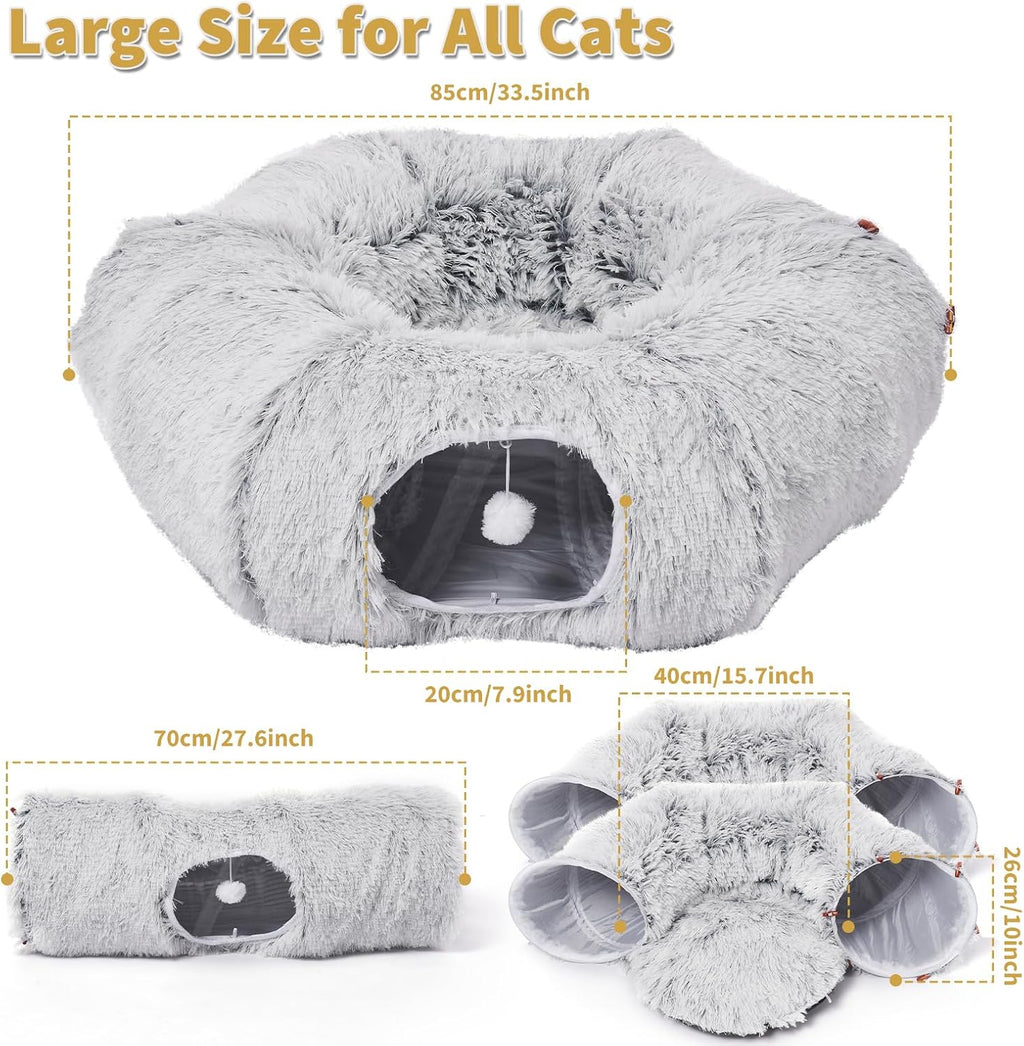 Cat Tunnels Bed with 1 Straight Tunnel and 20 Pet Toys - 5 Shapes DIY Indoor Cats Cave - Detachable Soft Cat Donut for Kitten Puppy Rabbit Ferret