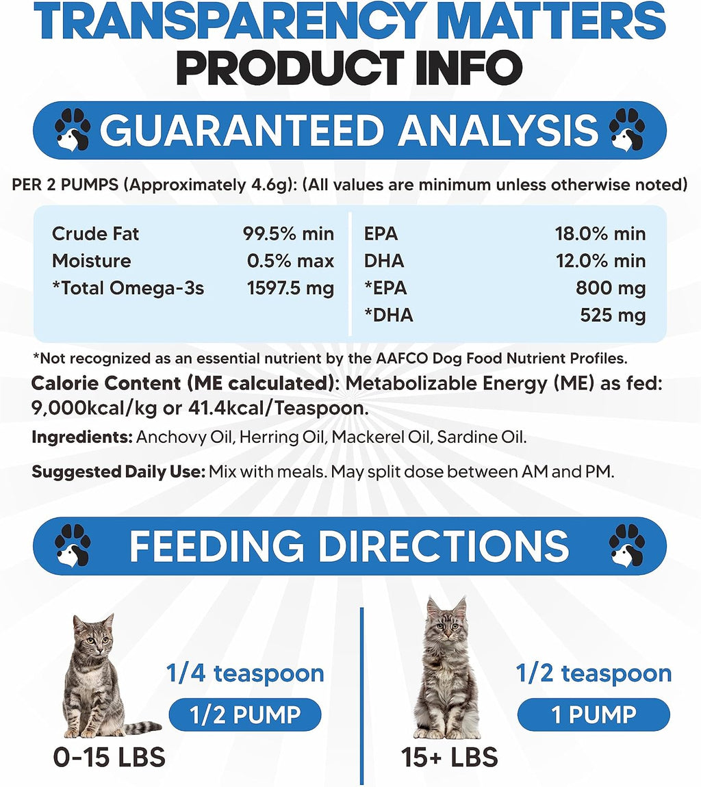 Omega 3 Fish Oil for Cats - Wild Caught, Skin and Coat, 8 fl oz Liquid