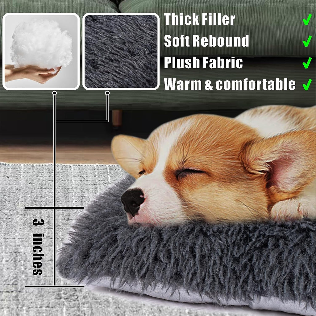 Machine Washable Dog Bed, Deluxe Plush Dog Crate Pad and Cat Bed, Anti-Slip Bottom Kennel Pad Mat, Fuzzy Pet Beds for Large, Medium, Small Dogs Breeds (Dark Grey, 24.0"L x 18.0"W x 3.0"Th x 2 PACK)