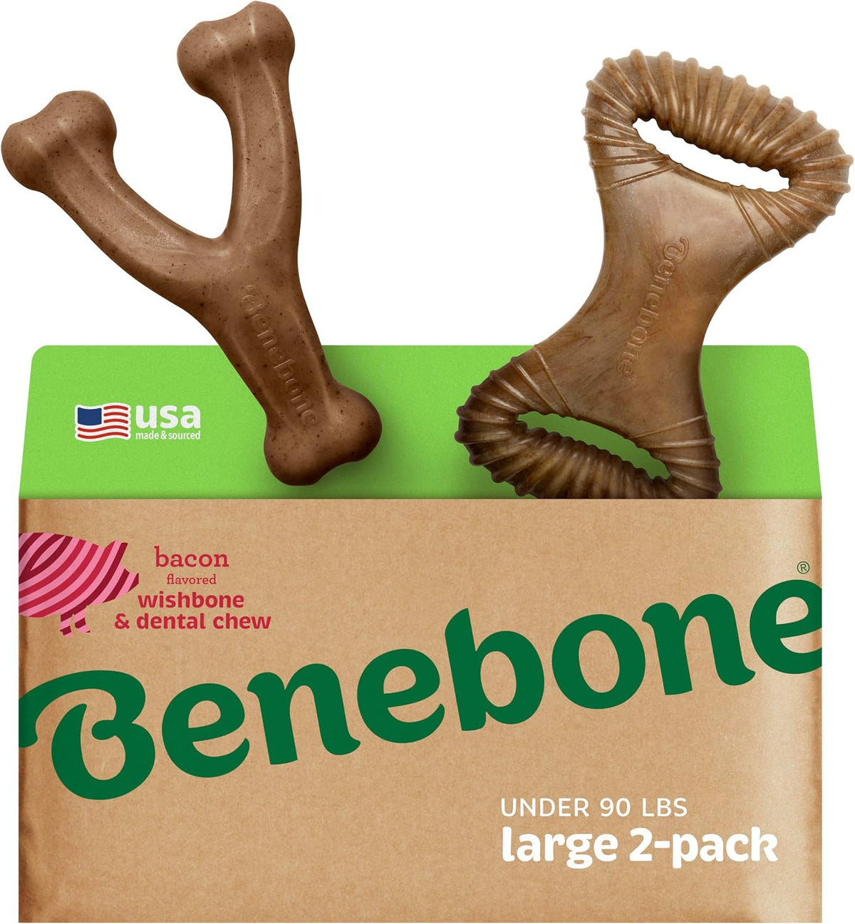 Benebone Wishbone/Dental Durable Dog Chew Toys, Real Bacon, 2 Count, Large (Pack of 8)