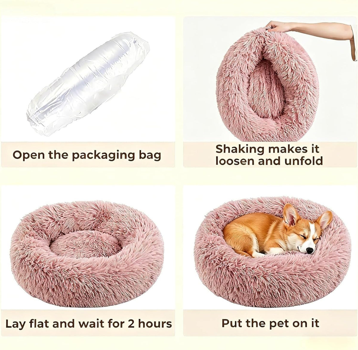 Calming Large Donut Dog and Cat Bed, Anti-Anxiety Round Soft Fluffy Plush Faux Fur Washable Anti-Slip Pet Bed for Medium Dogs Up to 35 lbs 28in Pink