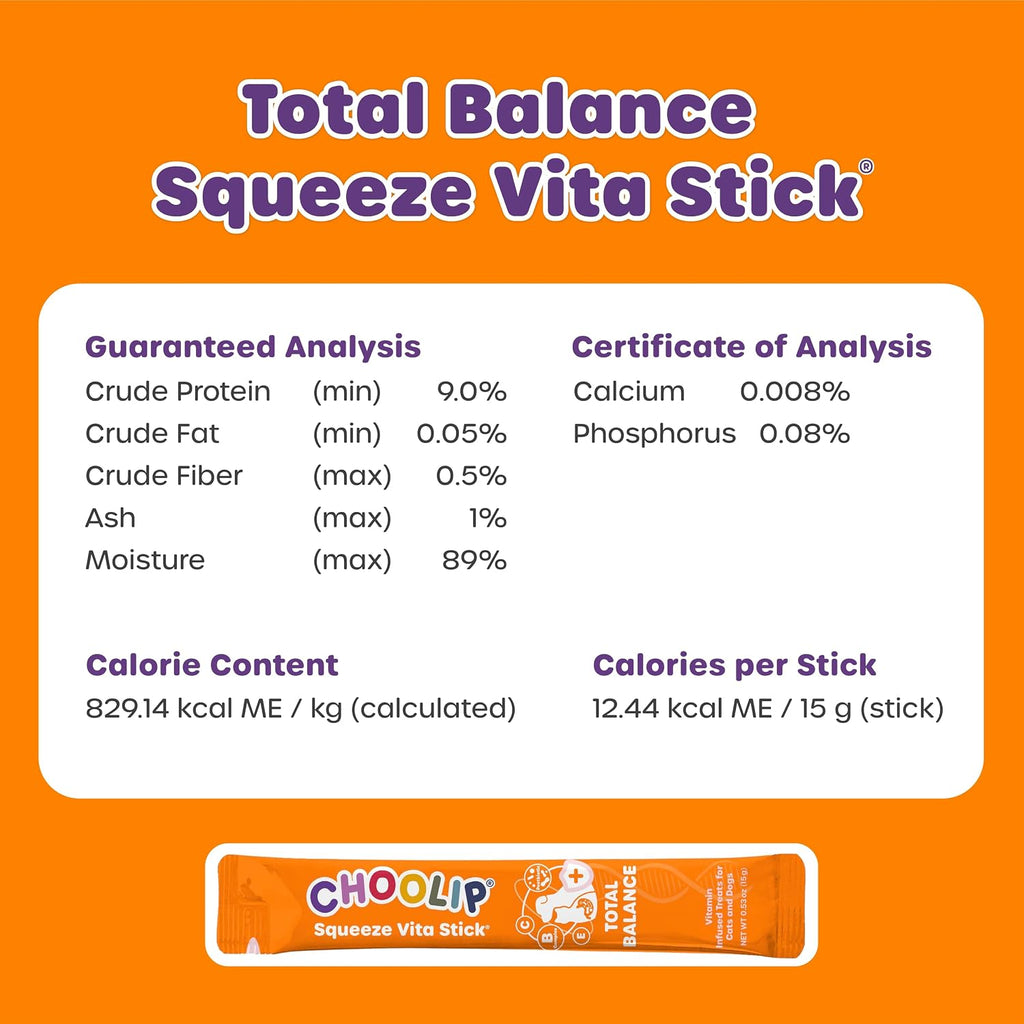 Choolip Squeeze Vita Stick Total Balance for Dogs & Cats, Daily Wellness Puree Treats with Korean Kimchi-Derived Postbiotics, Vitamins B, C & E, Grain Free, 15g x 4 Sticks