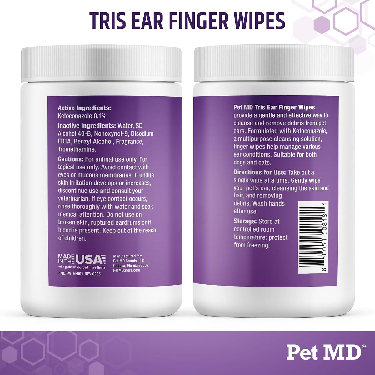 Pet MD Tris Ear Finger Wipes for Dogs & Cats - 50ct