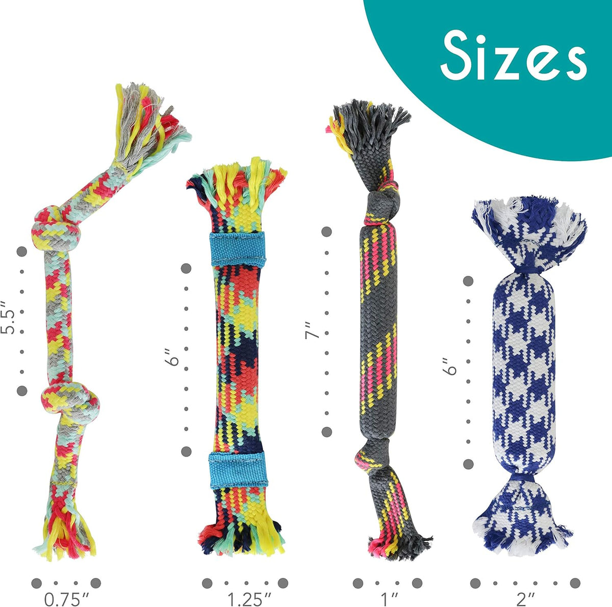 rocket & rex Puppy Tug Rope Toys for Small Dogs, Teething (4pk) | For small breeds & puppies. Includes crackle, rubber-interior & squeaker rope toys. Reduces anxiety & chewing.