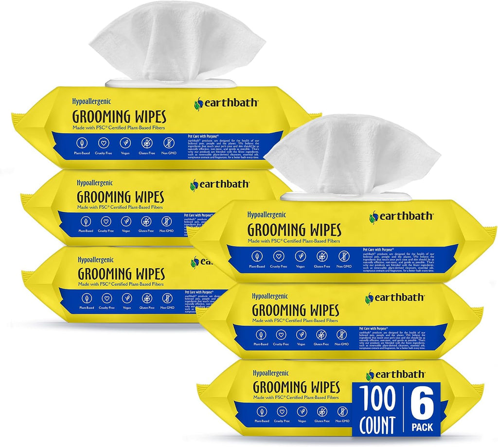 earthbath Hypo-Allergenic Grooming Wipes, Made in USA, 100 Count (6 Pack) | Fragrance Free Dog Wipes for Paws and Butt 