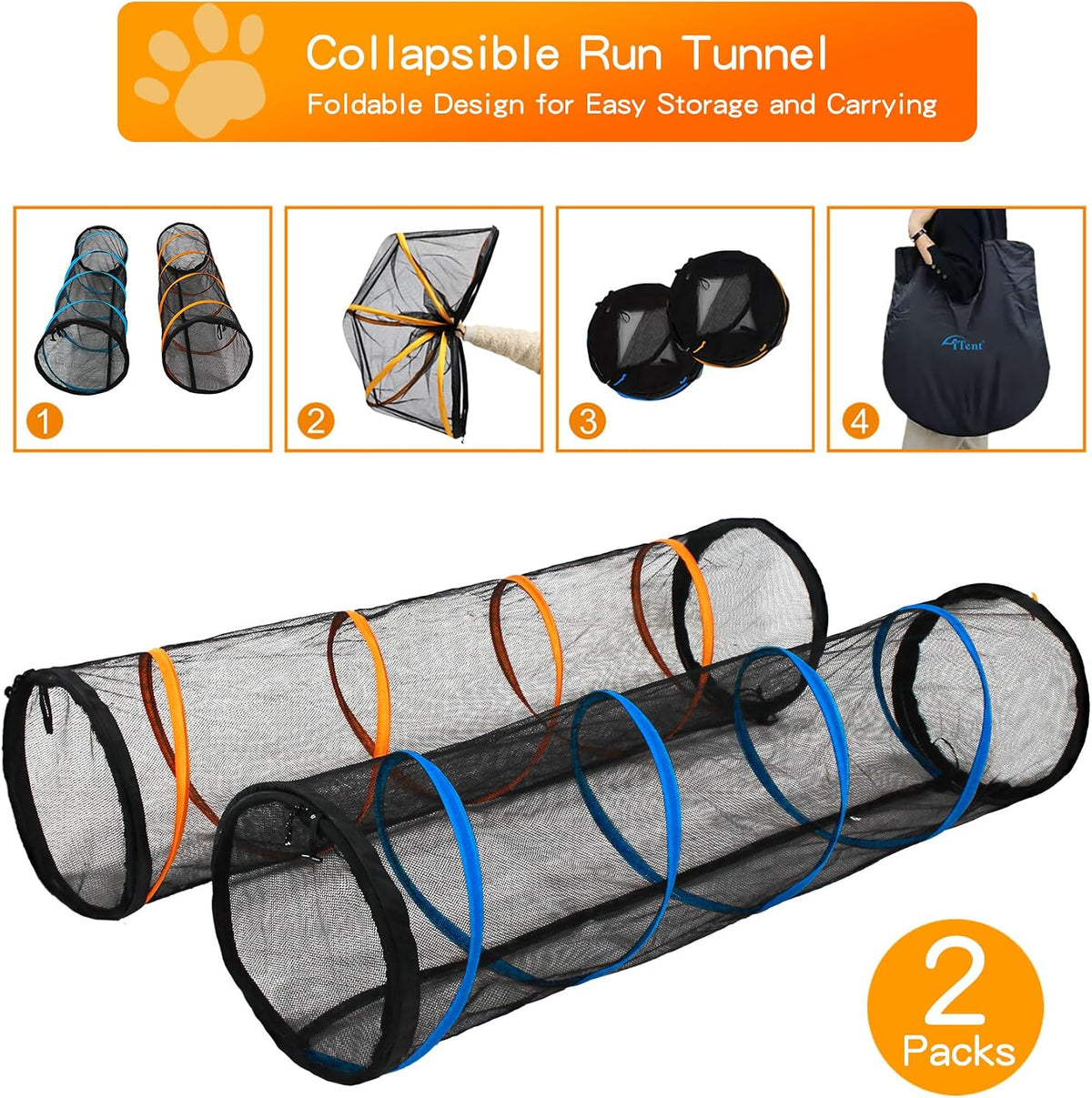 Cat Play Tunnel-for Indoor and Outdoor, Cat Play House, Cat Enclosures Easy to Connect with Two Zipper Doors,Product Size 67'' x 18'',2pcs /Set,Orange and Blue 2 Packs