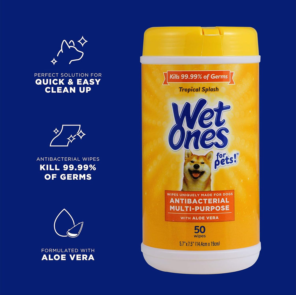 Wet Ones for Pets Antibacterial Dog Wipes, Tropical Splash, 50 Count, 3-Pk | Multi-purpose grooming wipes with aloe vera for paws, face, and body, easy cleanups between baths 