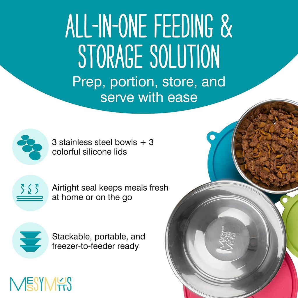 Messy Mutts 6 Piece Set, 3 Stainless Bowls and 3 Silicone Lids, Medium | Set Of Three Stainless Dog Bowls And Three Airtight Silicone Lids For Meal Prep, Storage, And Travel 