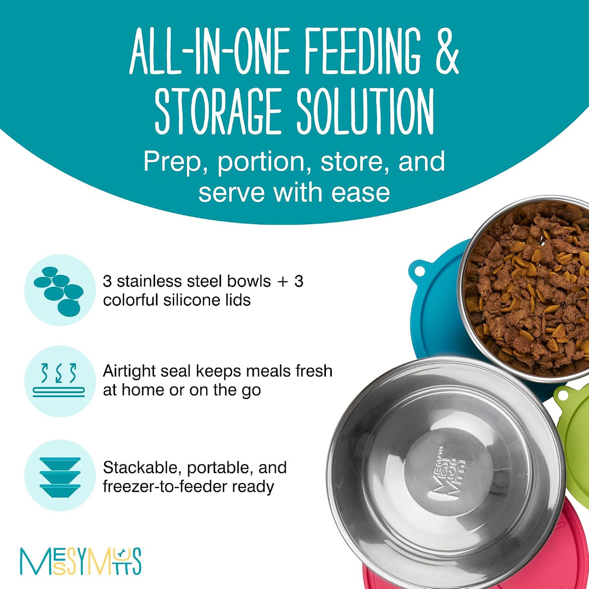 Messy Mutts 6 Piece Set, 3 Stainless Bowls and 3 Silicone Lids, Medium | Set Of Three Stainless Dog Bowls And Three Airtight Silicone Lids For Meal Prep, Storage, And Travel 