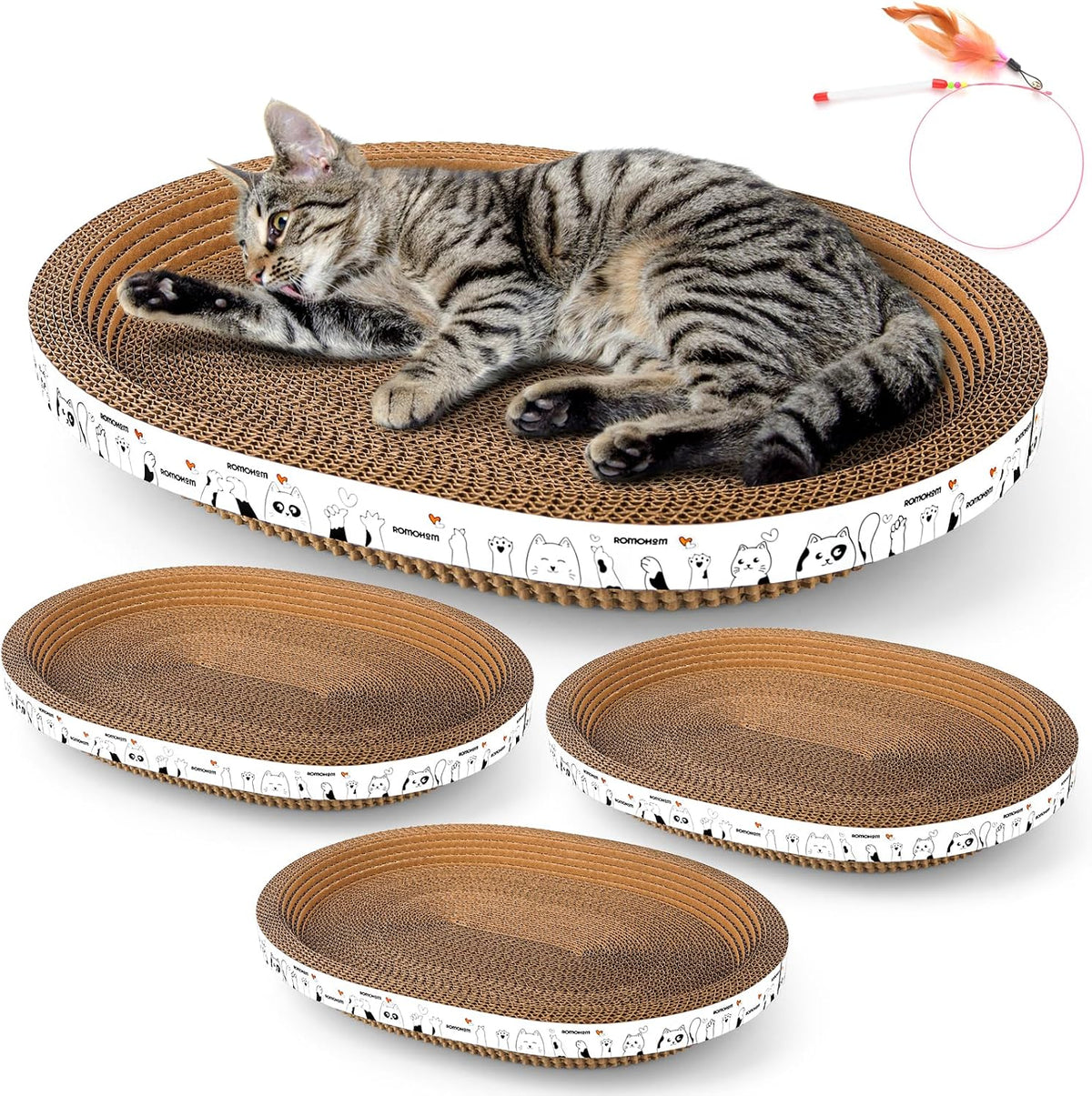 3 Pack Oval Cardboard Cat Scratcher & Lounger Bed, High-Density Cat Scratching Board & Lounge Bed, Ergonomic Scratch Pads for Indoor Cats Claws Care, Furniture Couch Protector from Cat Claws