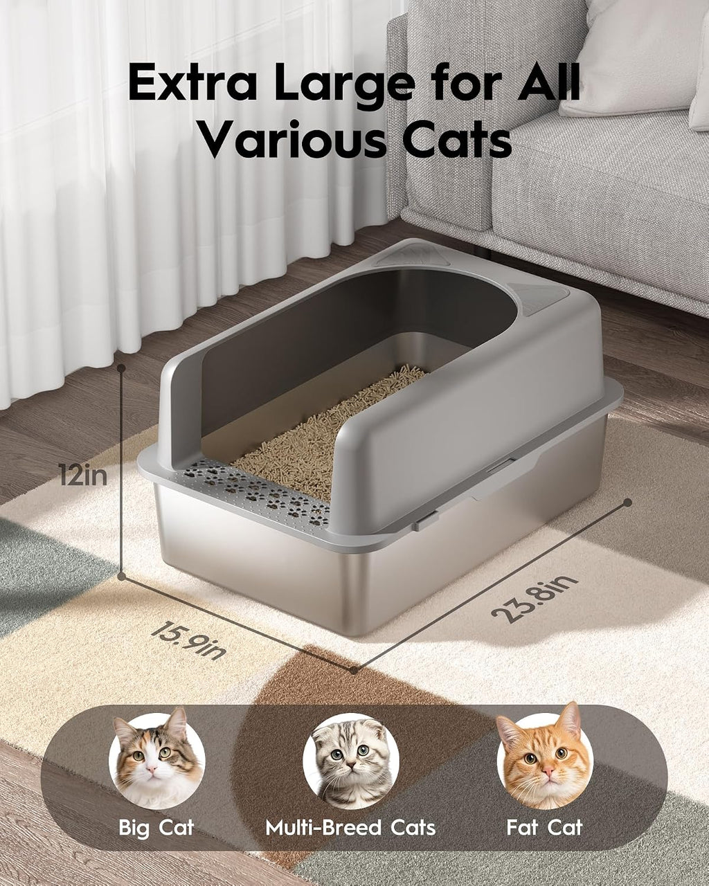 Stainless Steel Cat Litter Box, Extra Large High Sided Litter Boxs for Big Cats, XL Metal Litter Box with Lid, Non Stick, No Smell, Easy to Clean, Included Scoop