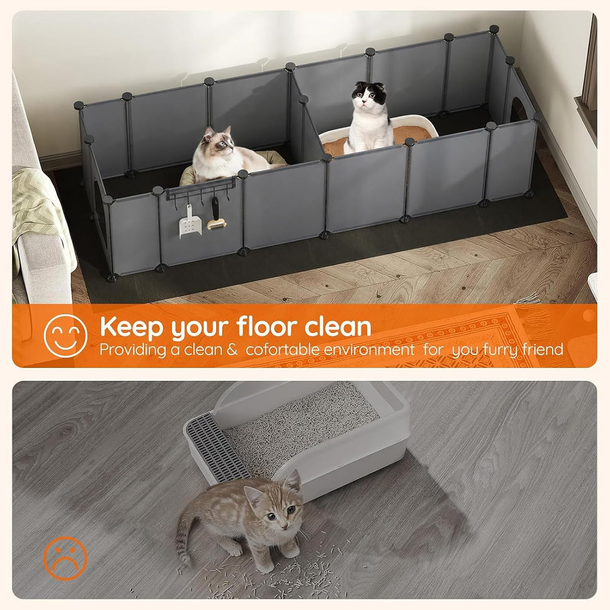 HOOBRO 2 Pack Cat Litter Box Enclosure Splash Guard with Large Oxford Mat, Plastics High-Edge Litter Guard with Drain Hooks, DIY Assembly, 70.9" L x 29.1" W x 15.7" H, Easy to Clean, Grey GY08PP03
