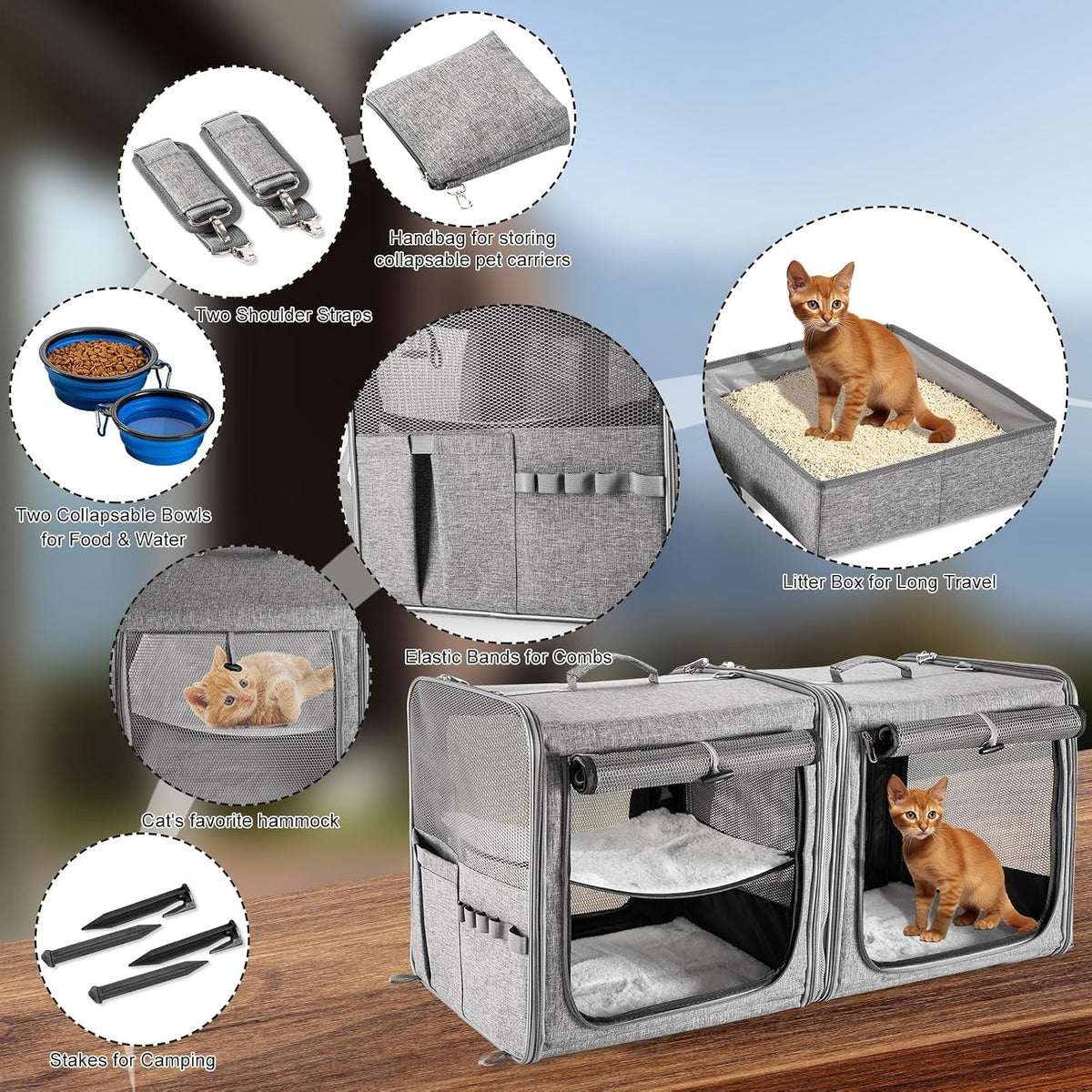 Extra Large Cat Carrier for 2 Cats with Travel Litter Box, 2-in-1