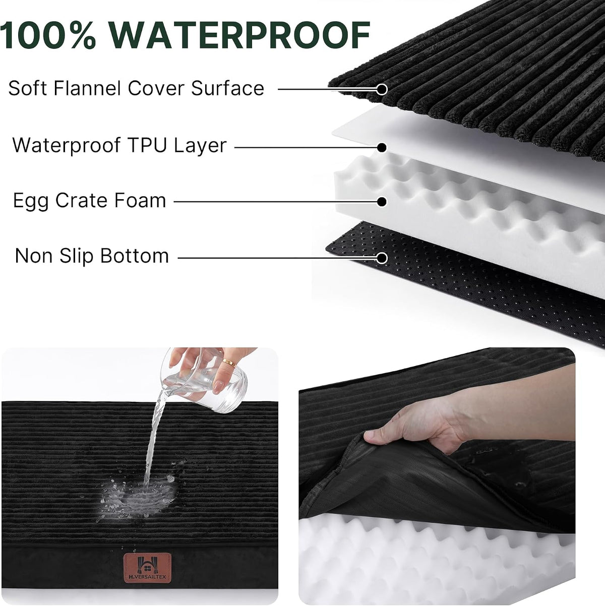 H.VERSAILTEX Waterproof Orthopedic Dog Bed for Crate, Black, 24"x16"x3.2"