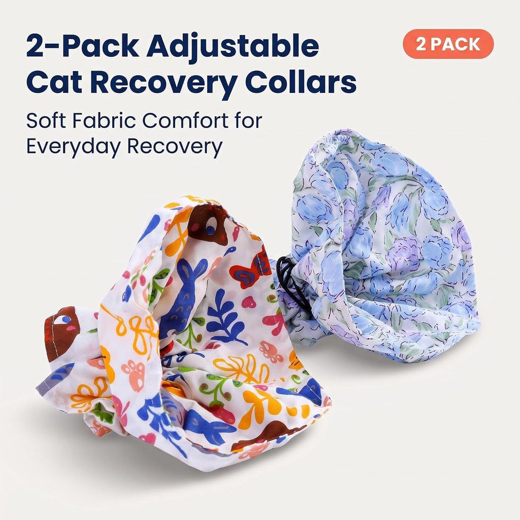2 Pack Soft Cat Recovery Collar, Adjustable Fabric E-Collar for Cats, Lightweight Breathable Cotton Cone for Grooming, Daily Care & Post-Surgery Protection, Comfortable Anti-Lick Pet Collar