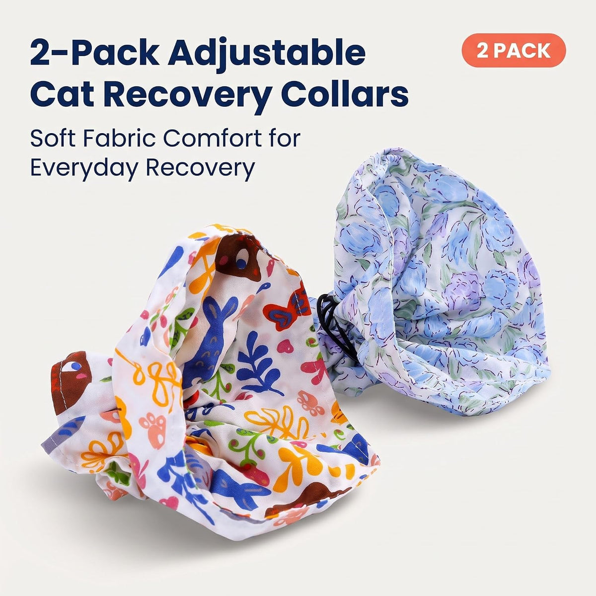 2 Pack Soft Cat Recovery Collar, Adjustable Fabric E-Collar for Cats, Lightweight Breathable Cotton Cone for Grooming, Daily Care & Post-Surgery Protection, Comfortable Anti-Lick Pet Collar