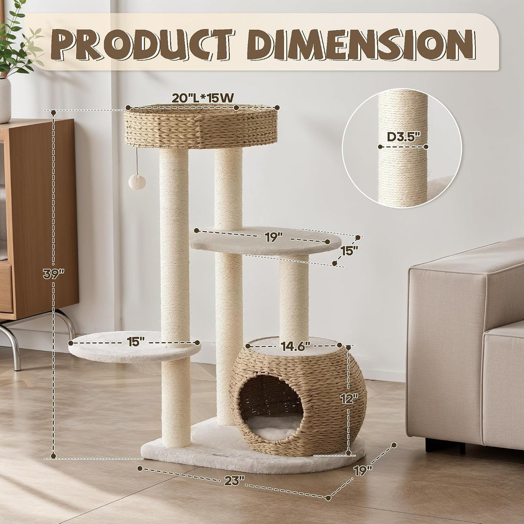 KAMABOKO Modern Cat Tree, Hand-Woven Condo & Top Perch,cat Houses & Condos