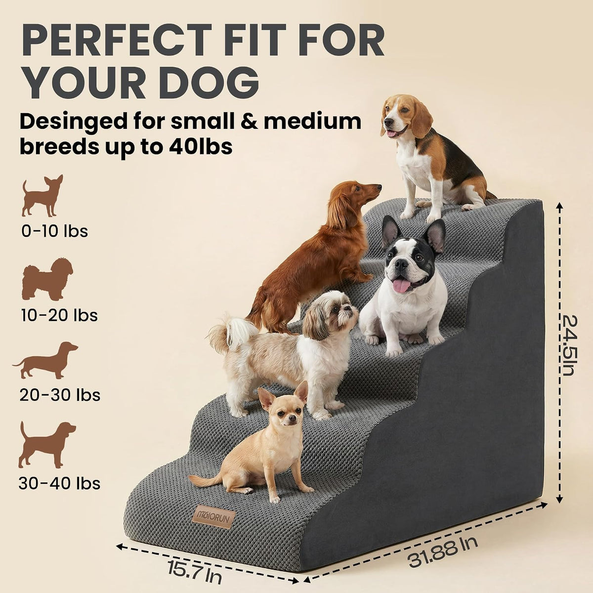 Miorun Dog Stairs for High Beds, 24.5" Foam Pet Ramp Step for Small Dogs