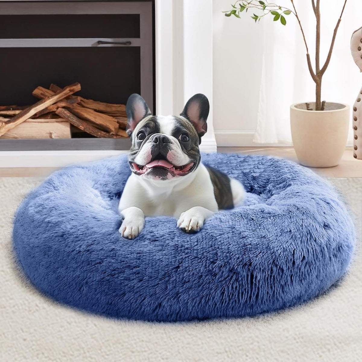JOLLYVOGUE Calming Dog Bed Medium Size Dog, 31in Donut Washable Medium Pet Bed, Anti-Slip & Anti-Anxiety Fluffy Faux Fur Round Dogs Bed, Fits up to 45 lbs Pets (Navy Blue)