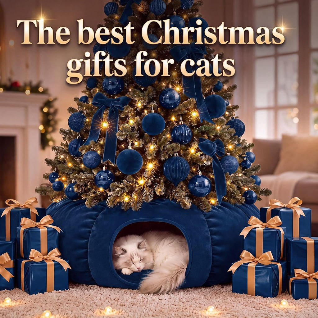 Christmas Tree Cat Tunnel 36 in Donut Bed, Navy Blue, Velvet, Fluffy