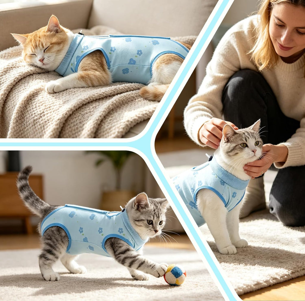 Cat Recovery Suit, Breathable Spay Suit for Female Cat Anti Licking, Blue L