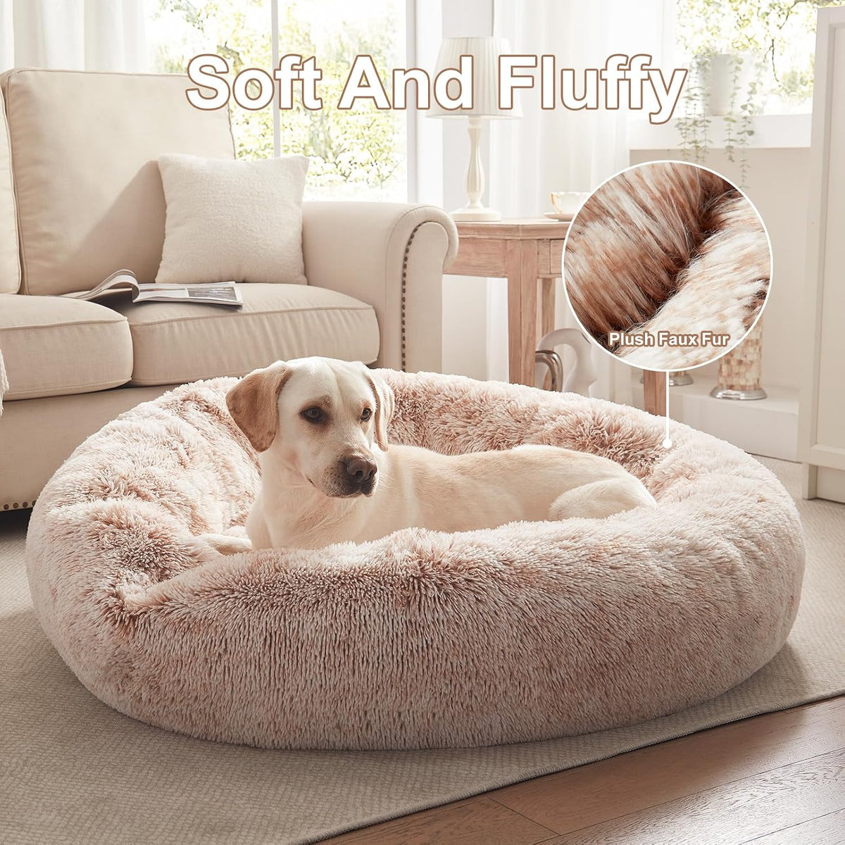 45 in Faux Fur Fluffy Donut Dog Bed for Extra Large Dogs,Brown