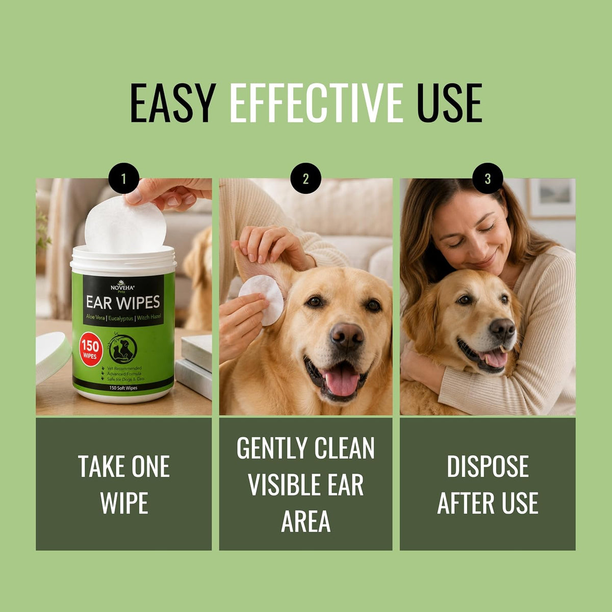NOVEHA 300PCs Dog Ear Cleaner Wipes, Daily Ear Cleaner for Dogs & Cats - Stop Ear Itching with Aloe, Eucalyptus & Witch Hazel Ear Wipes for Dogs - for Odor Control, Dirt and Wax Removal, Unscented