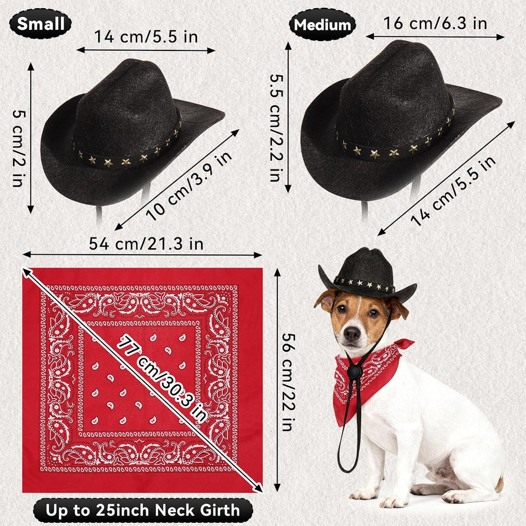 Pet Cowboy Costume, Dog Cowboy Hat with Bandana Scarf, Adjustable Cat Cowboy Hat for Party Cosplay Christmas, Halloween Cowboy Costumes for Small Pet Dogs Cats (Black, Medium)